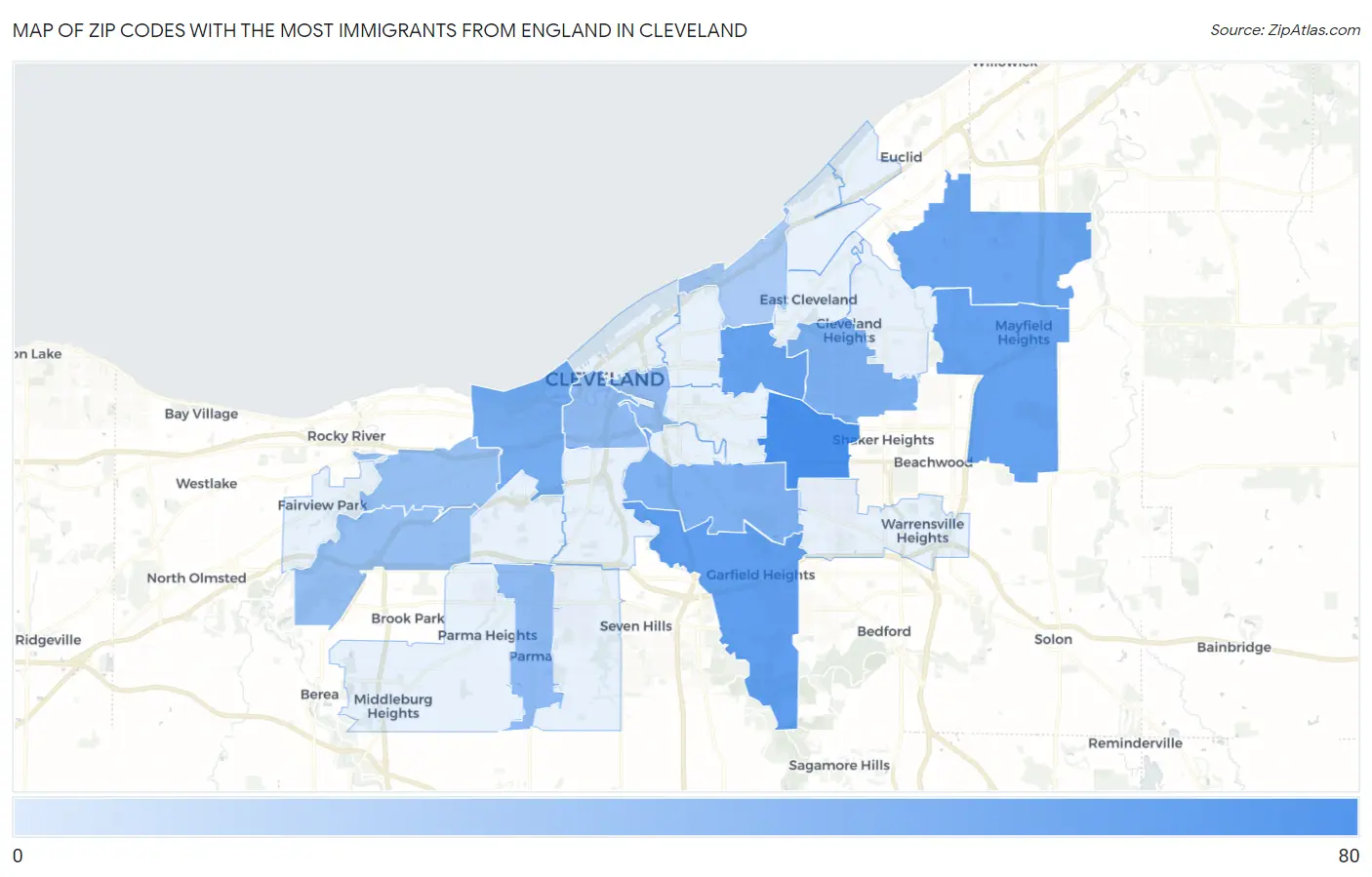 Zip Codes with the Most Immigrants from England in Cleveland Map