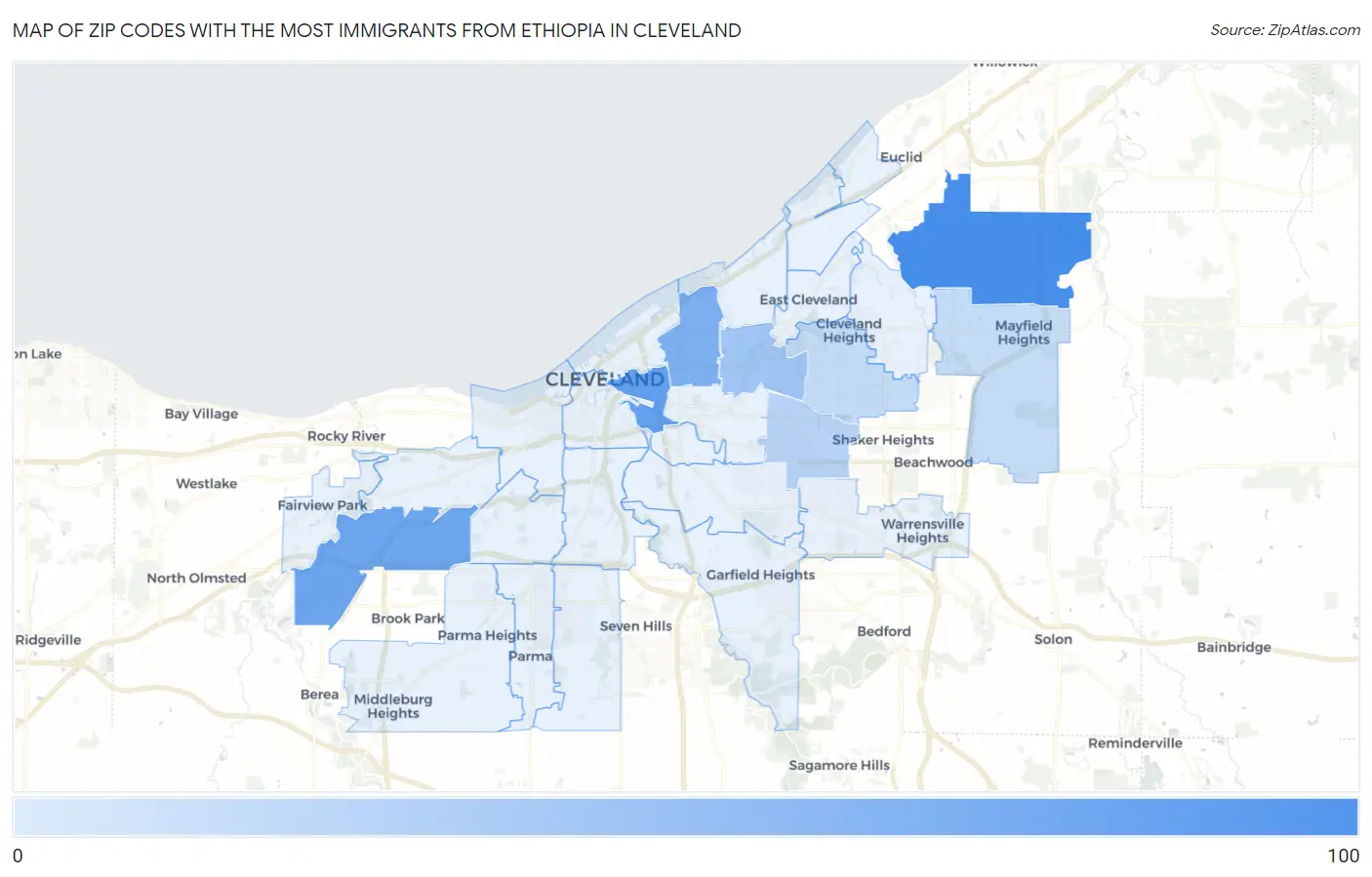 Zip Codes with the Most Immigrants from Ethiopia in Cleveland Map