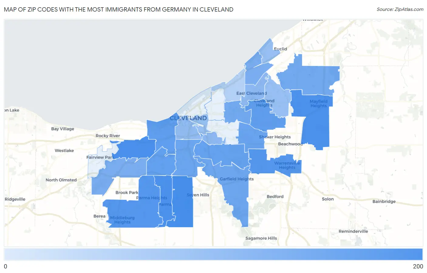 Zip Codes with the Most Immigrants from Germany in Cleveland Map