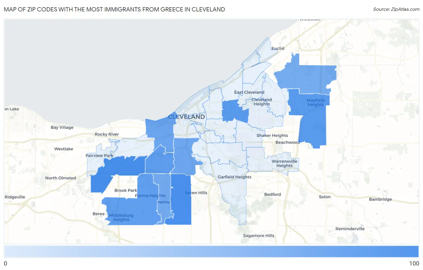 Zip Codes with the Most Immigrants from Greece in Cleveland Map