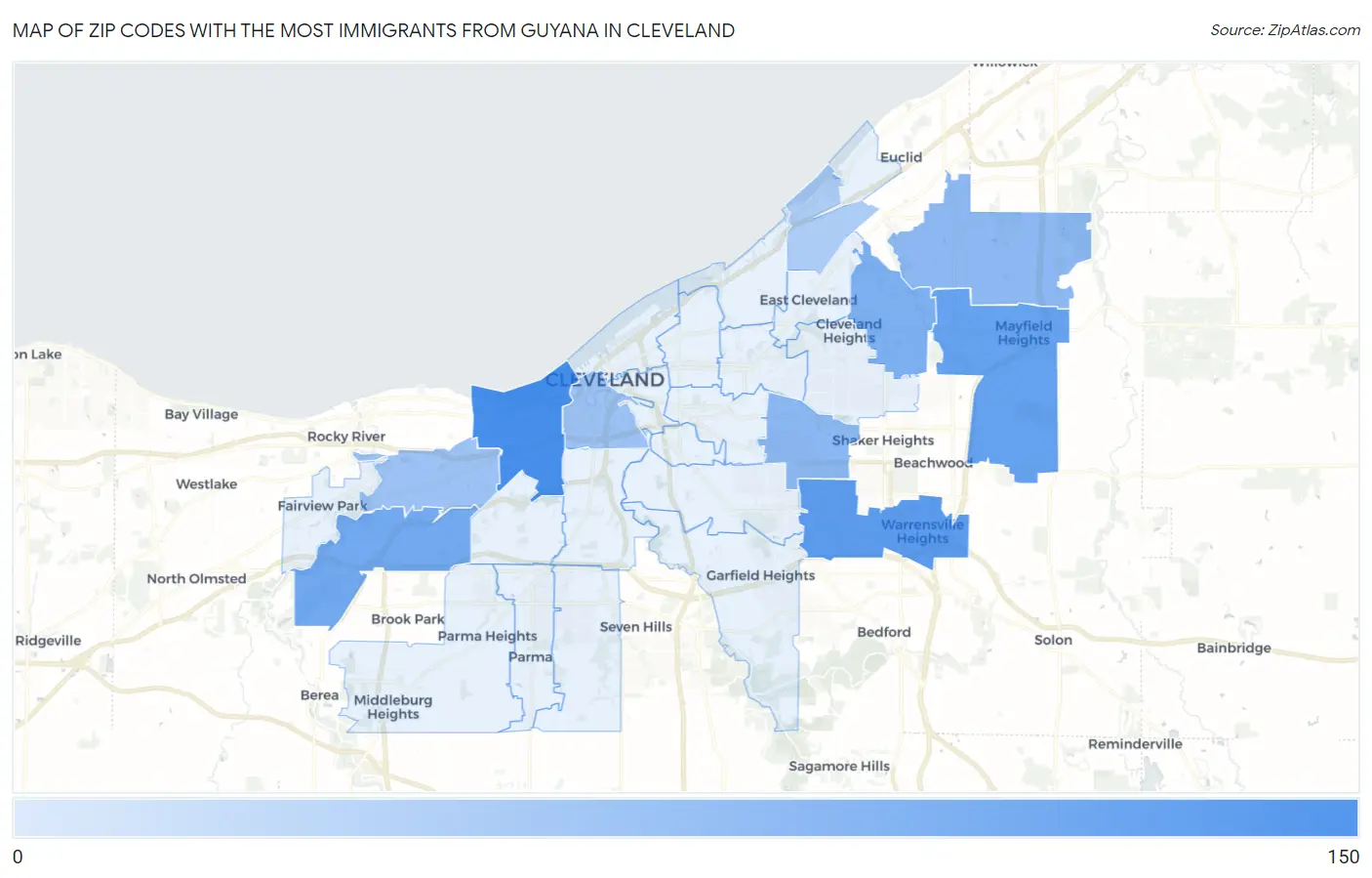 Zip Codes with the Most Immigrants from Guyana in Cleveland Map