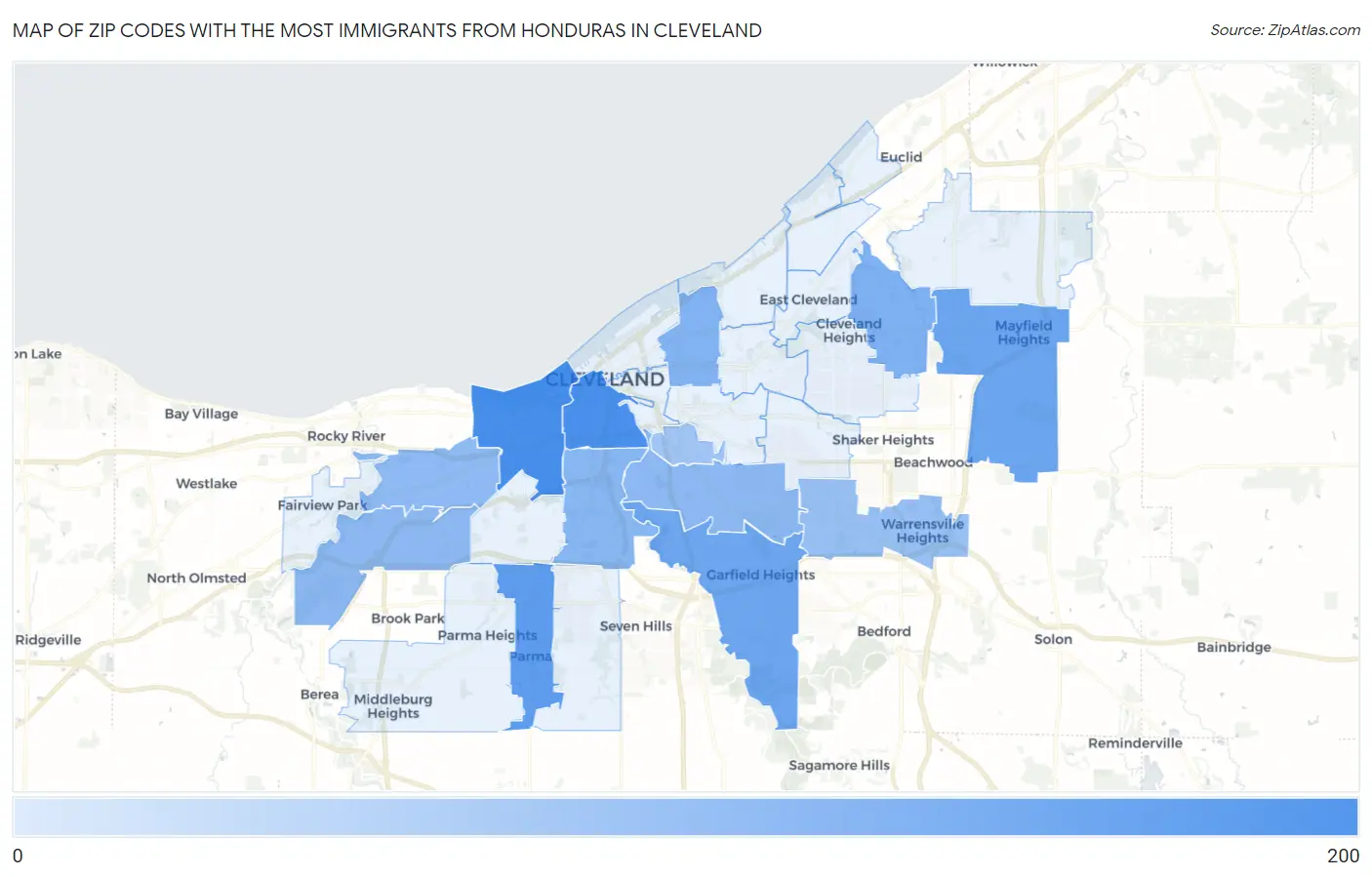 Zip Codes with the Most Immigrants from Honduras in Cleveland Map