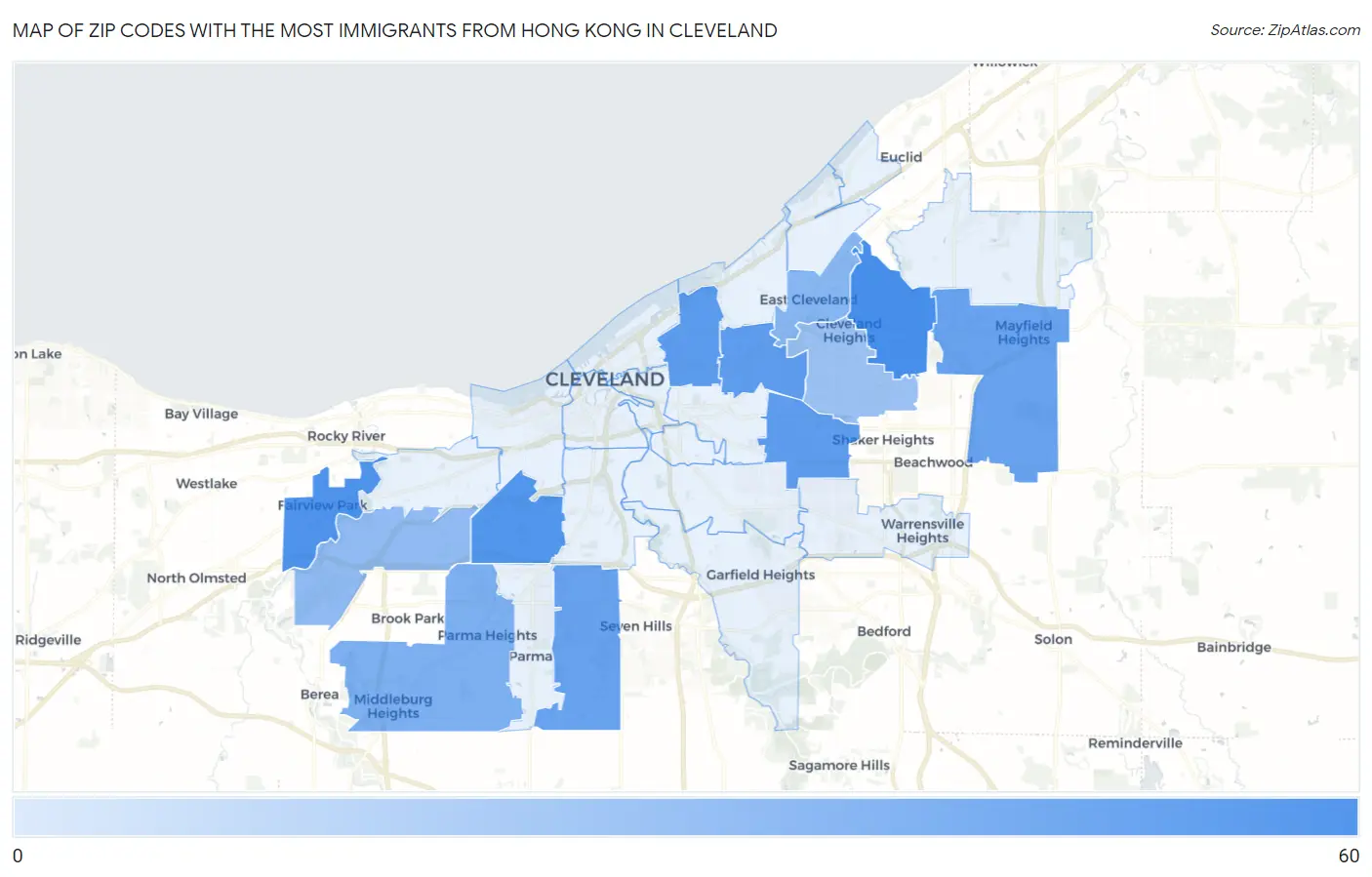 Zip Codes with the Most Immigrants from Hong Kong in Cleveland Map