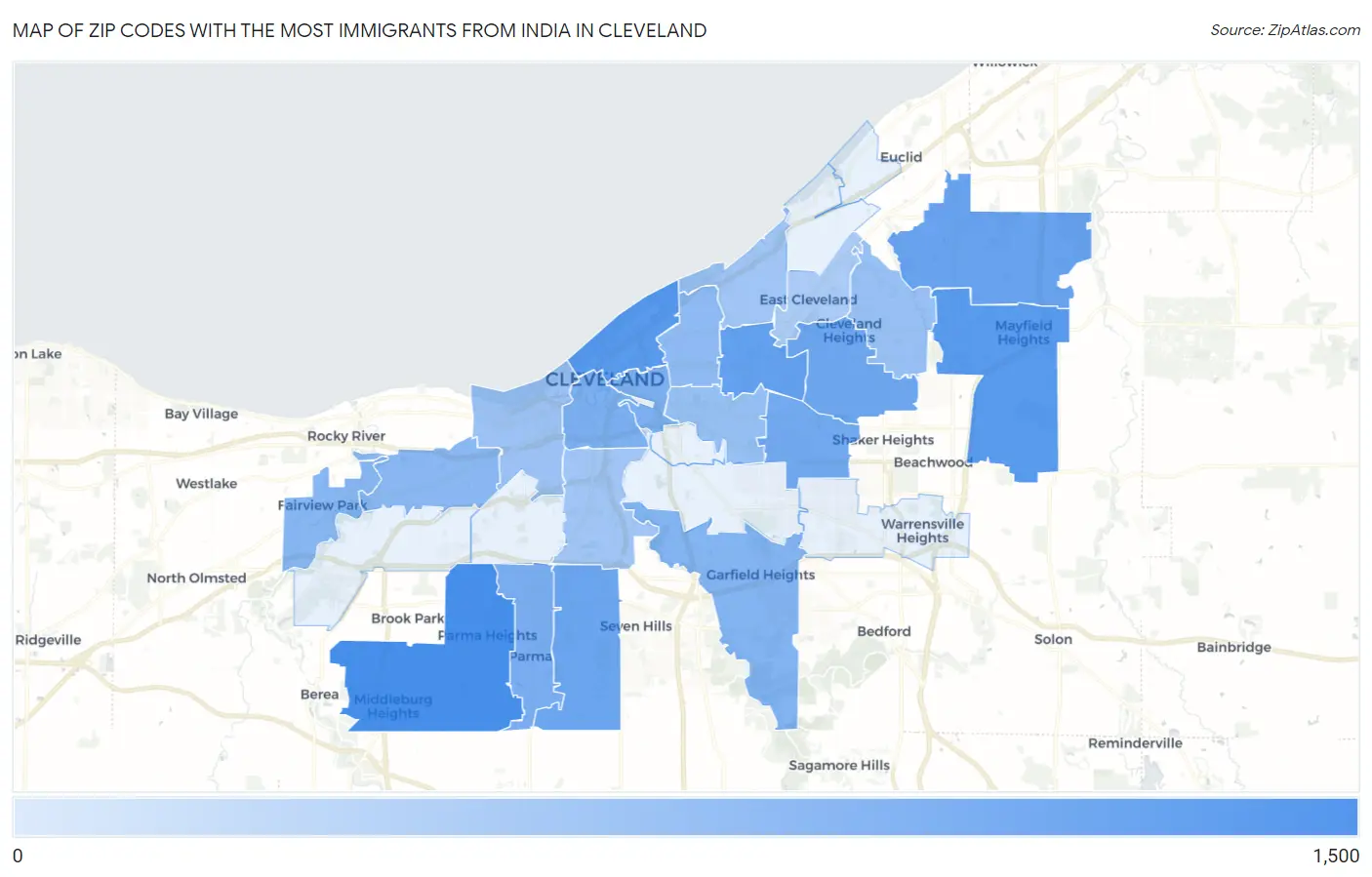 Zip Codes with the Most Immigrants from India in Cleveland Map