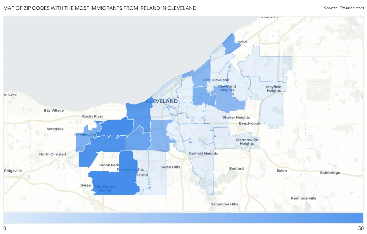 Zip Codes with the Most Immigrants from Ireland in Cleveland Map