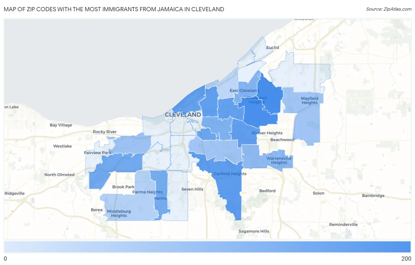 Zip Codes with the Most Immigrants from Jamaica in Cleveland Map