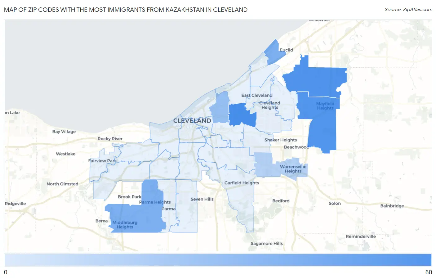 Zip Codes with the Most Immigrants from Kazakhstan in Cleveland Map