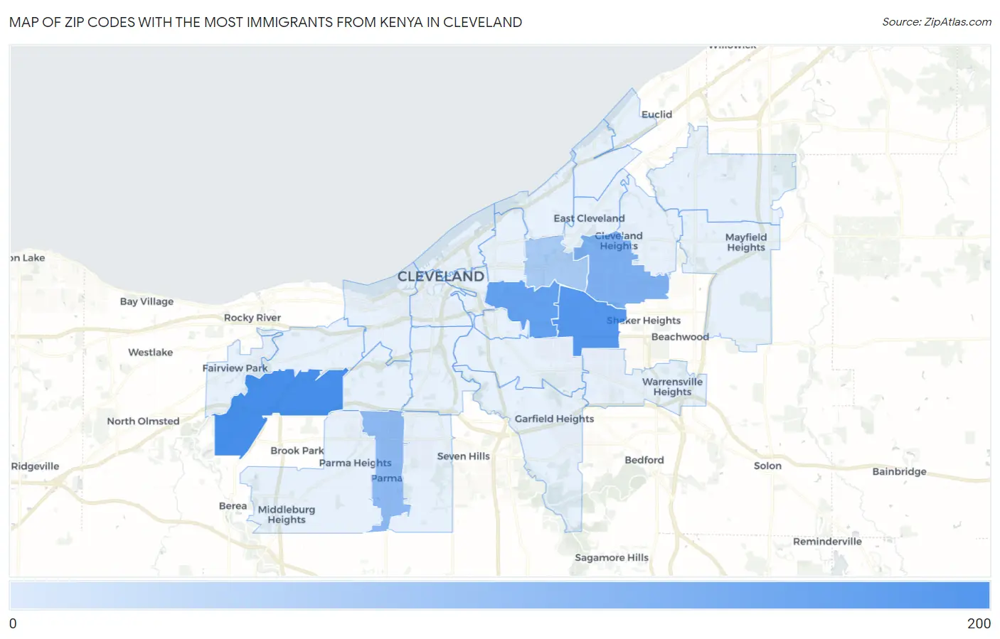 Zip Codes with the Most Immigrants from Kenya in Cleveland Map