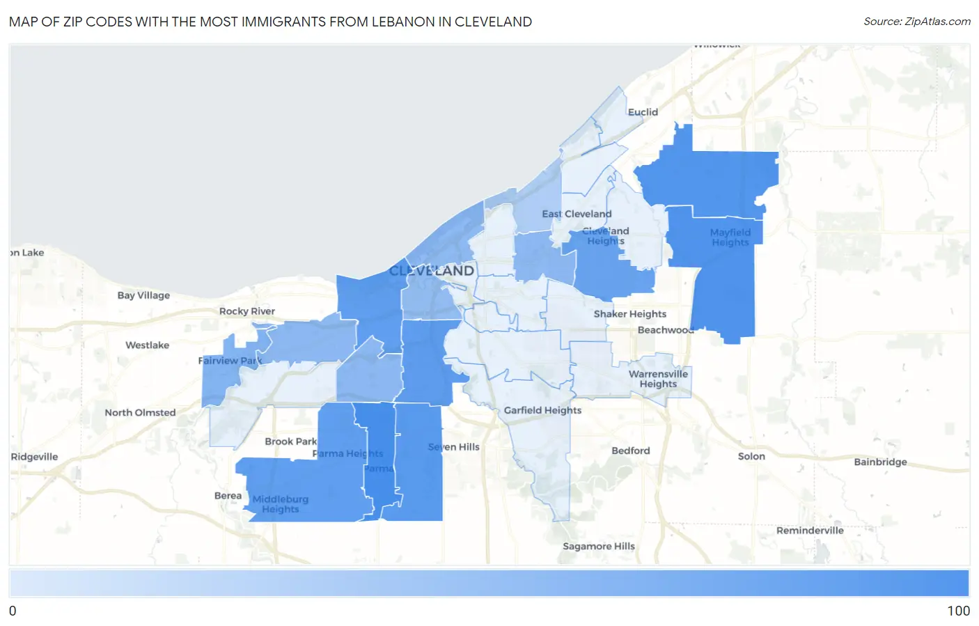 Zip Codes with the Most Immigrants from Lebanon in Cleveland Map