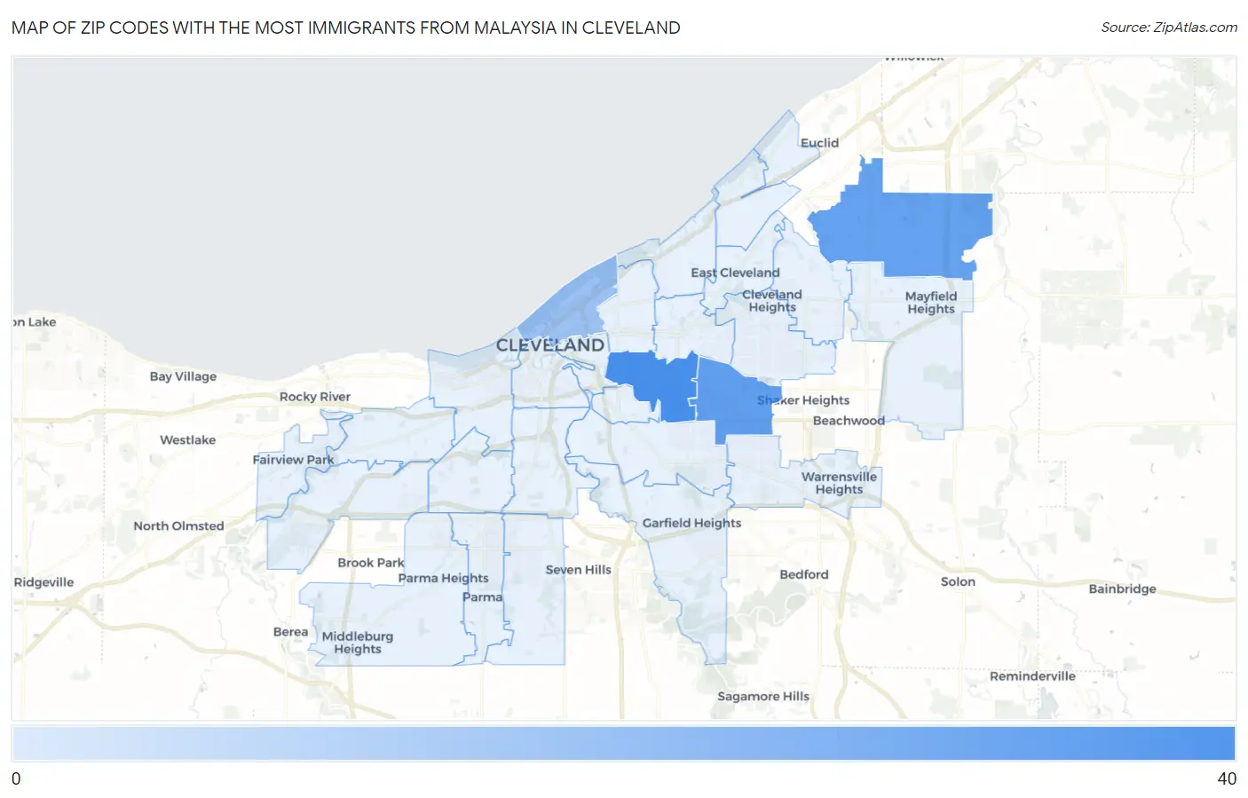 Zip Codes with the Most Immigrants from Malaysia in Cleveland Map