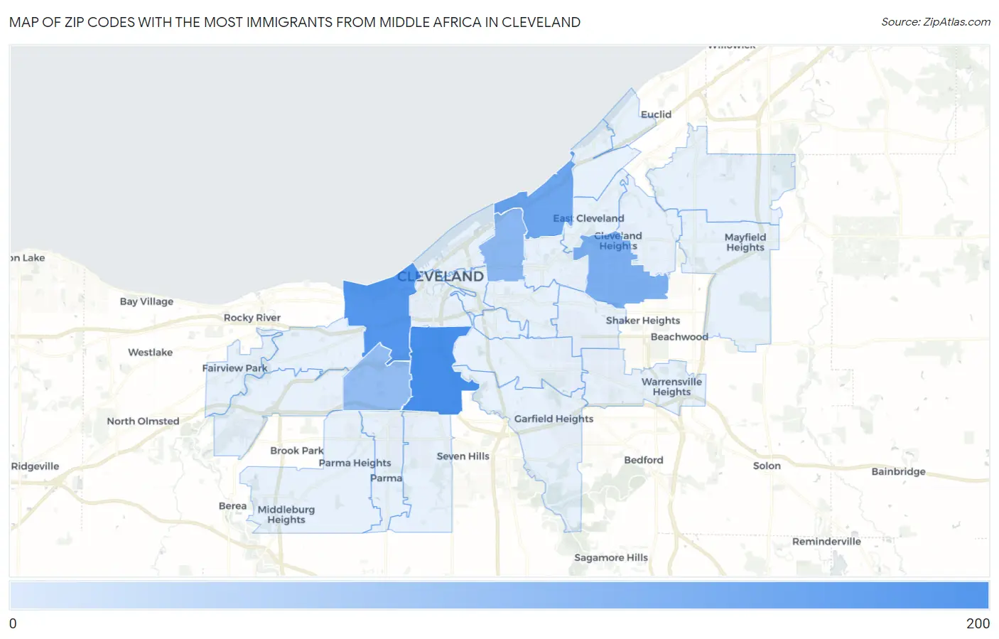 Zip Codes with the Most Immigrants from Middle Africa in Cleveland Map