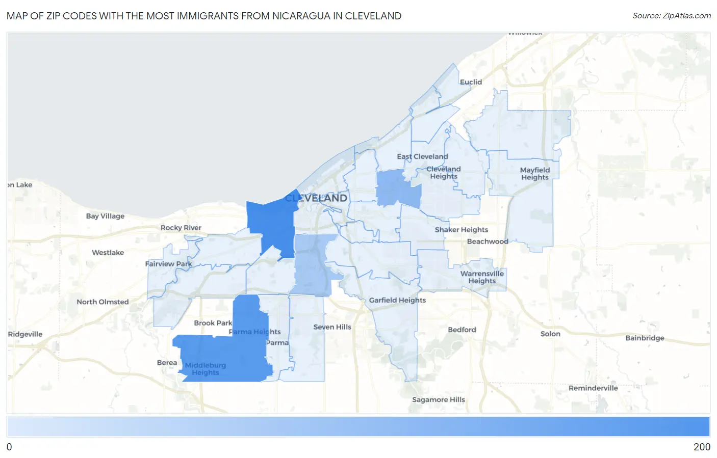 Zip Codes with the Most Immigrants from Nicaragua in Cleveland Map