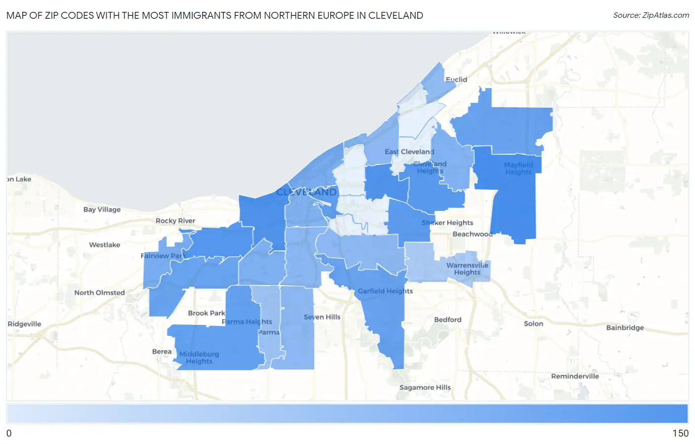 Zip Codes with the Most Immigrants from Northern Europe in Cleveland Map