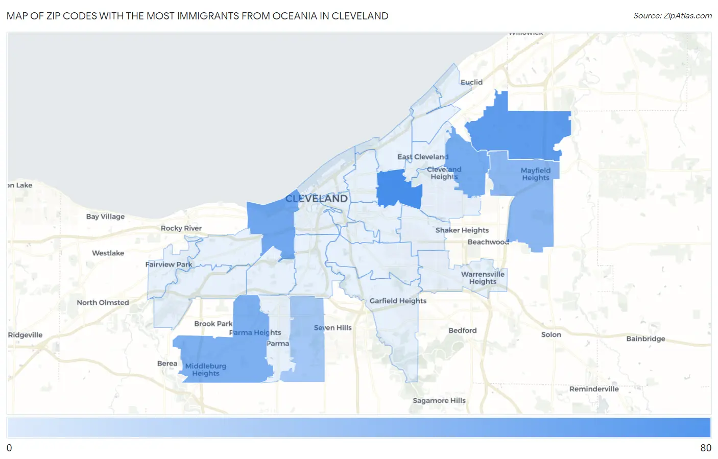 Zip Codes with the Most Immigrants from Oceania in Cleveland Map