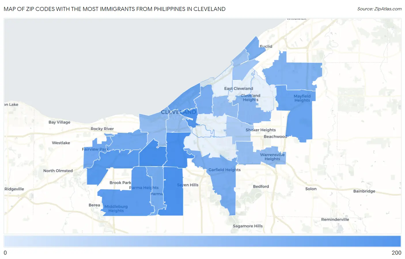 Zip Codes with the Most Immigrants from Philippines in Cleveland Map