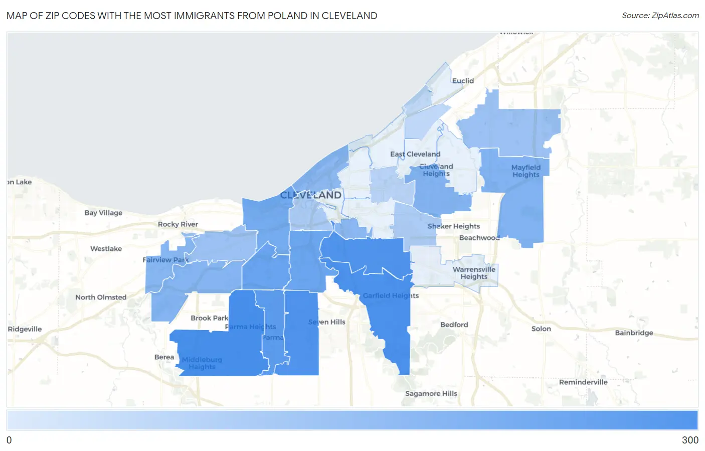 Zip Codes with the Most Immigrants from Poland in Cleveland Map