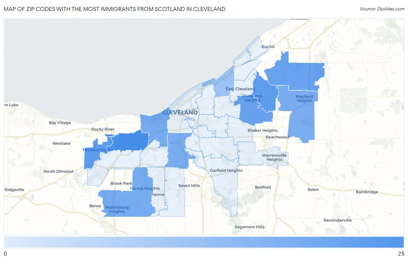 Zip Codes with the Most Immigrants from Scotland in Cleveland Map