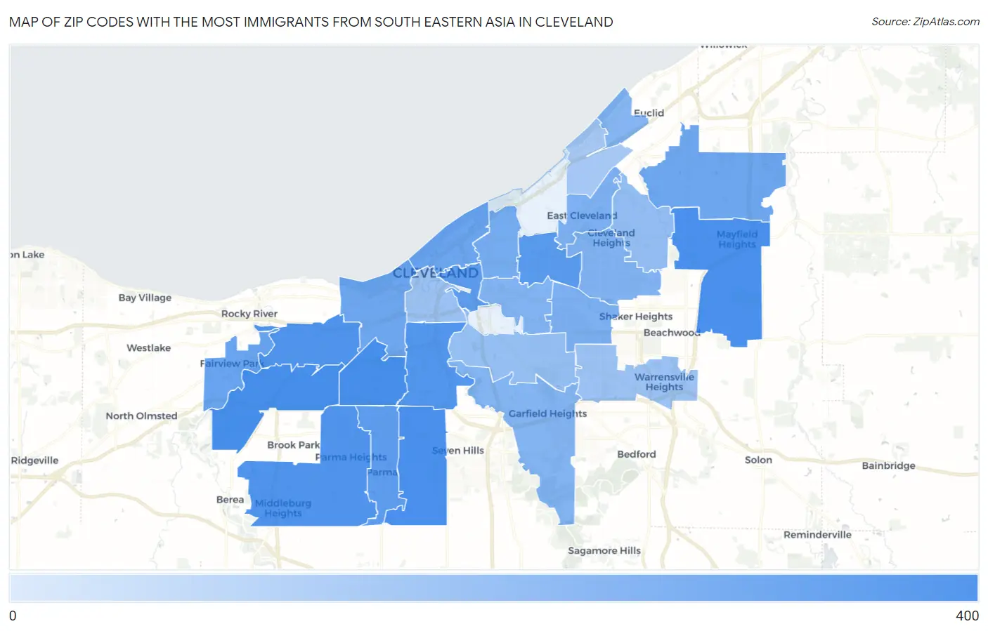 Zip Codes with the Most Immigrants from South Eastern Asia in Cleveland Map