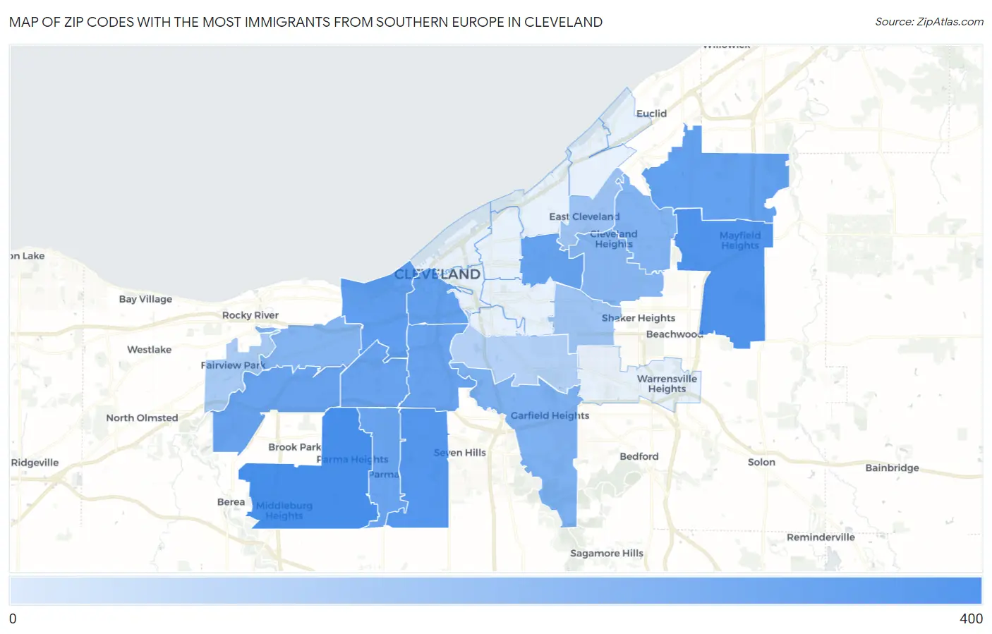 Zip Codes with the Most Immigrants from Southern Europe in Cleveland Map