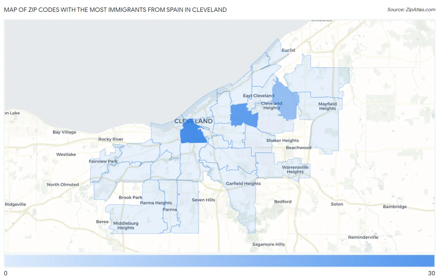 Zip Codes with the Most Immigrants from Spain in Cleveland Map