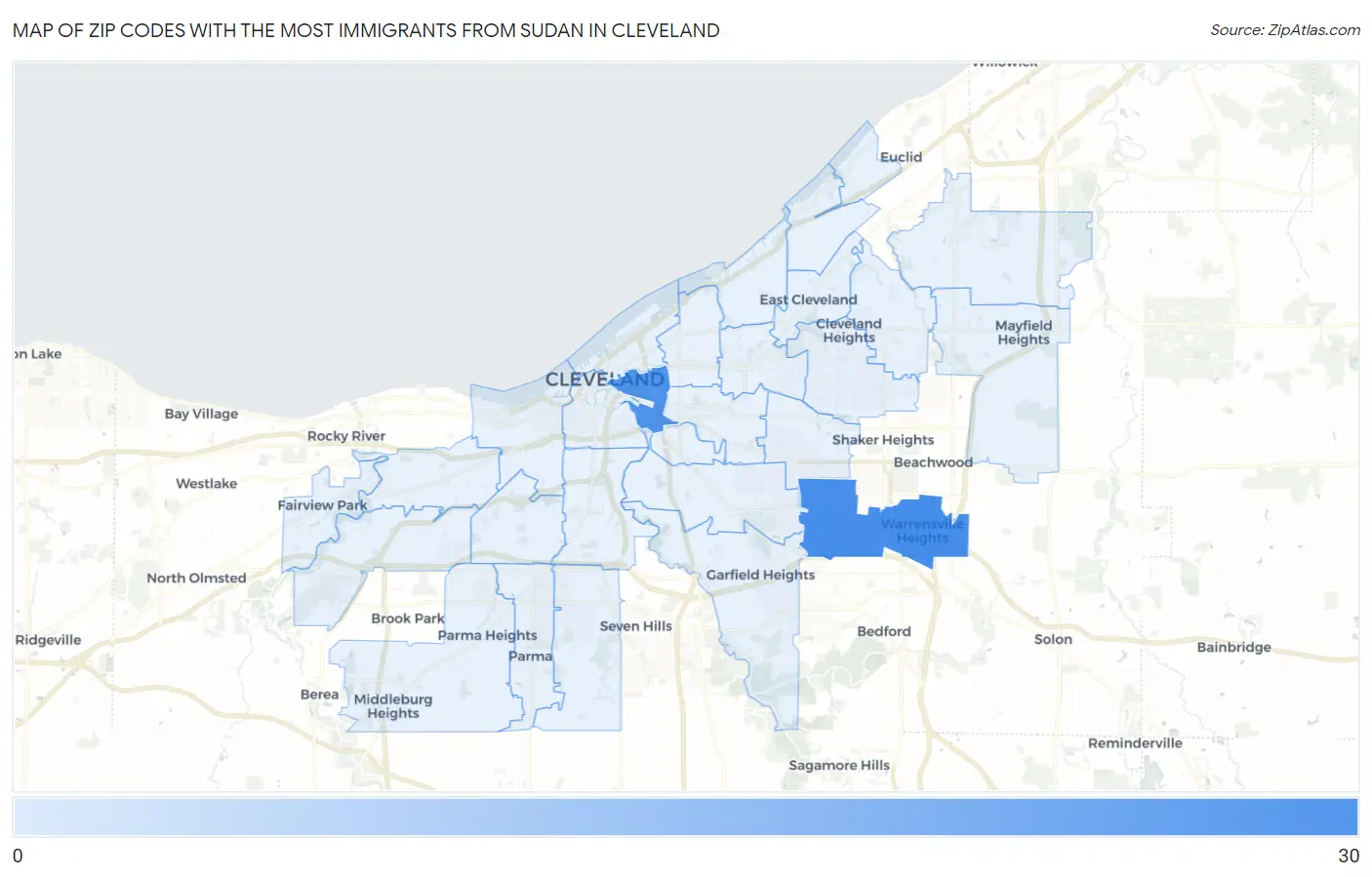 Zip Codes with the Most Immigrants from Sudan in Cleveland Map