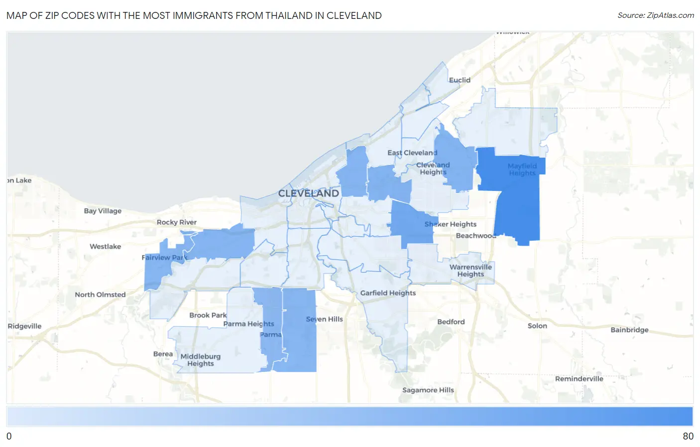 Zip Codes with the Most Immigrants from Thailand in Cleveland Map