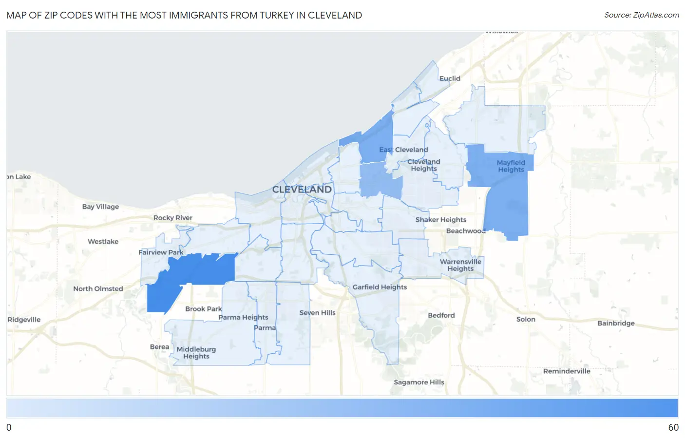Zip Codes with the Most Immigrants from Turkey in Cleveland Map