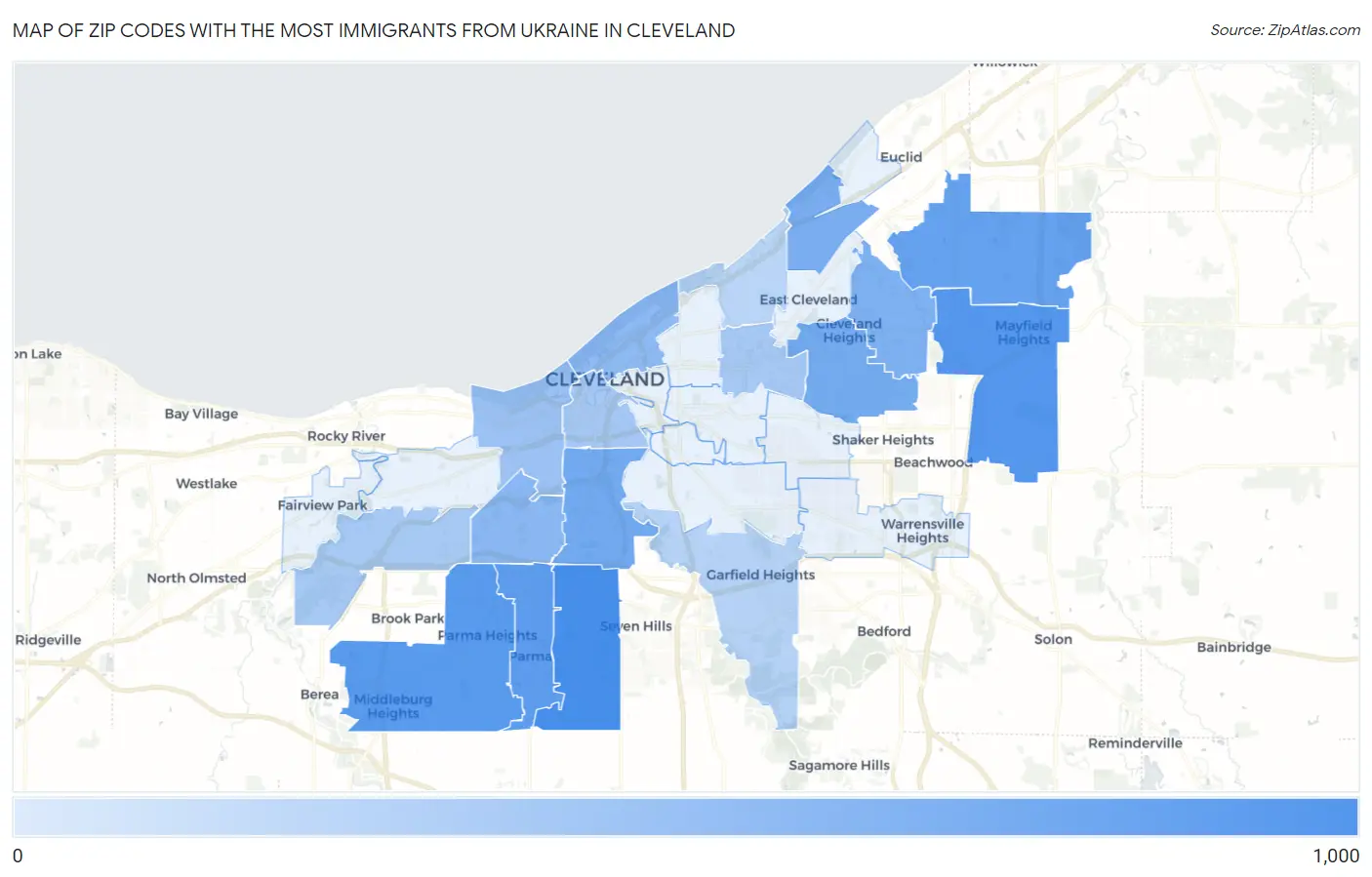 Zip Codes with the Most Immigrants from Ukraine in Cleveland Map