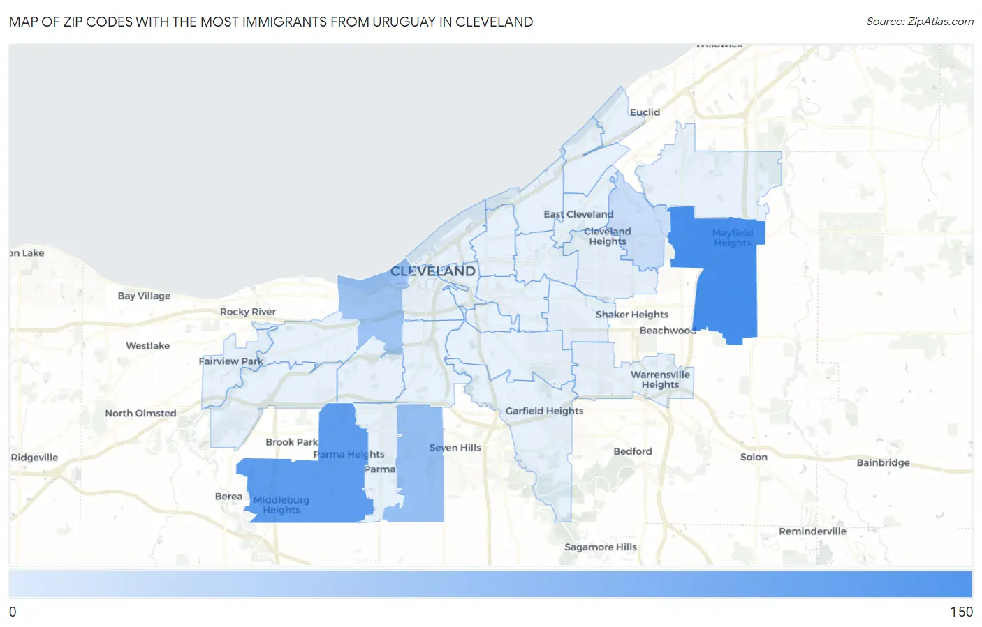 Zip Codes with the Most Immigrants from Uruguay in Cleveland Map