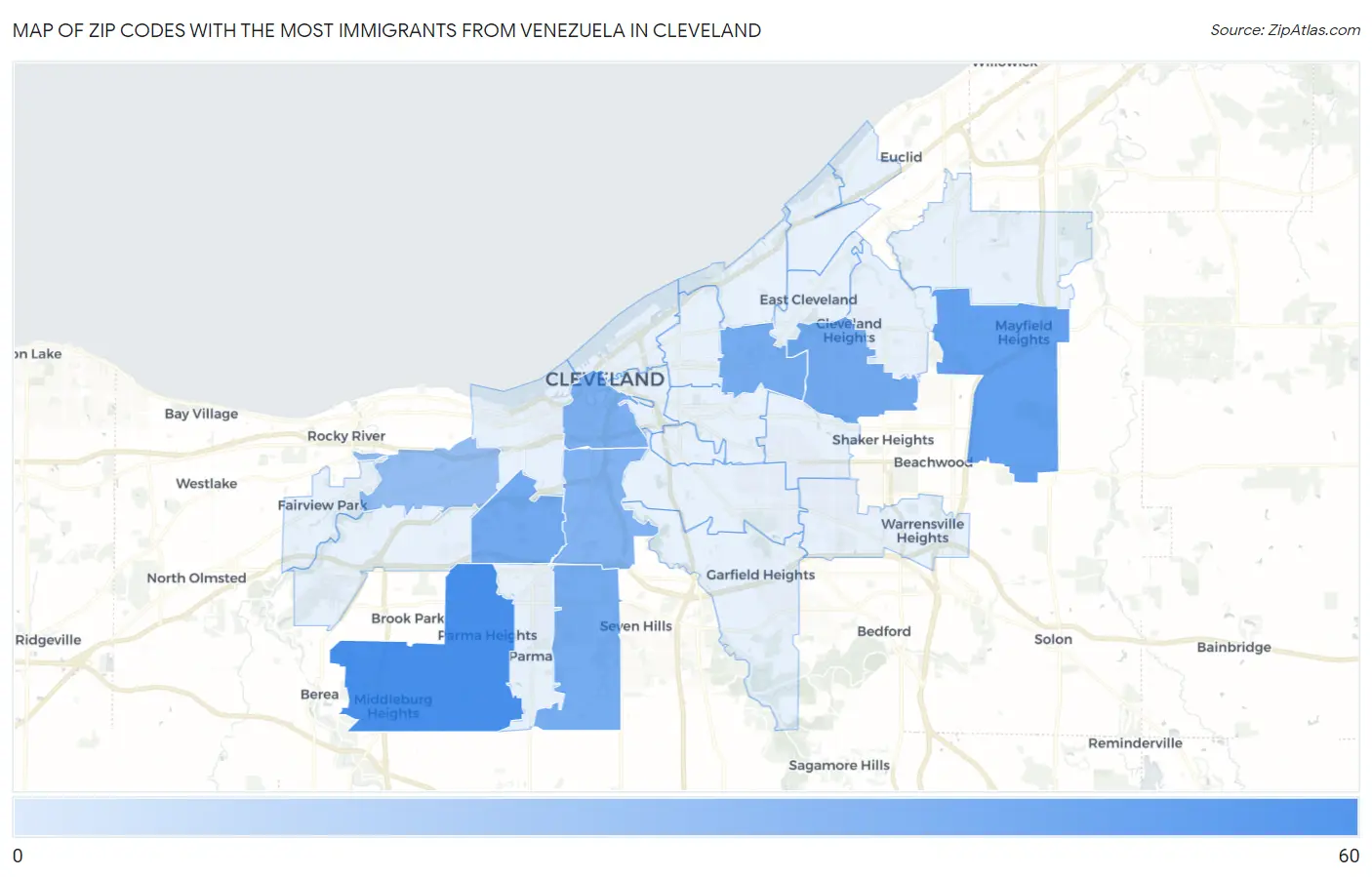 Zip Codes with the Most Immigrants from Venezuela in Cleveland Map