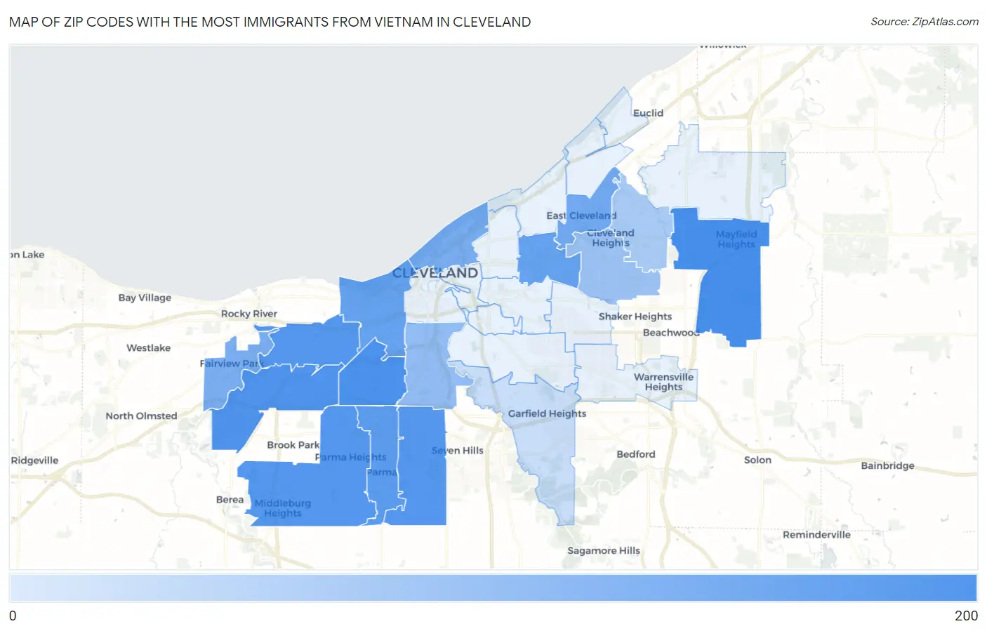 Zip Codes with the Most Immigrants from Vietnam in Cleveland Map
