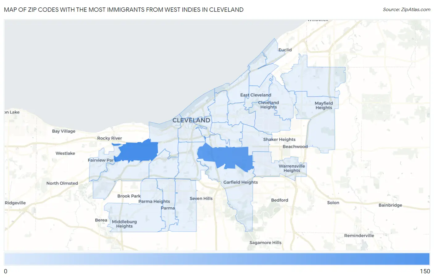 Zip Codes with the Most Immigrants from West Indies in Cleveland Map