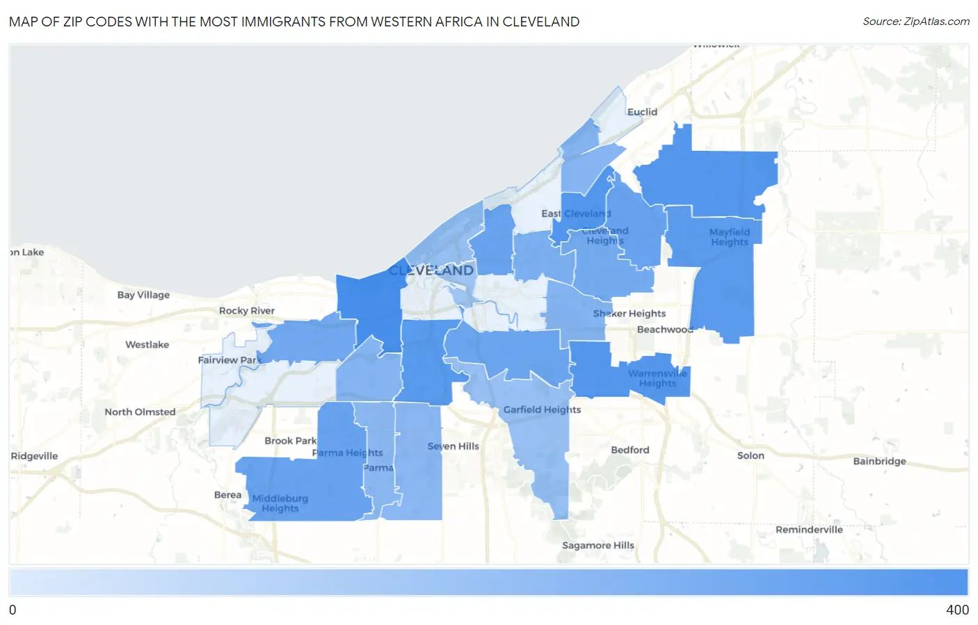Zip Codes with the Most Immigrants from Western Africa in Cleveland Map