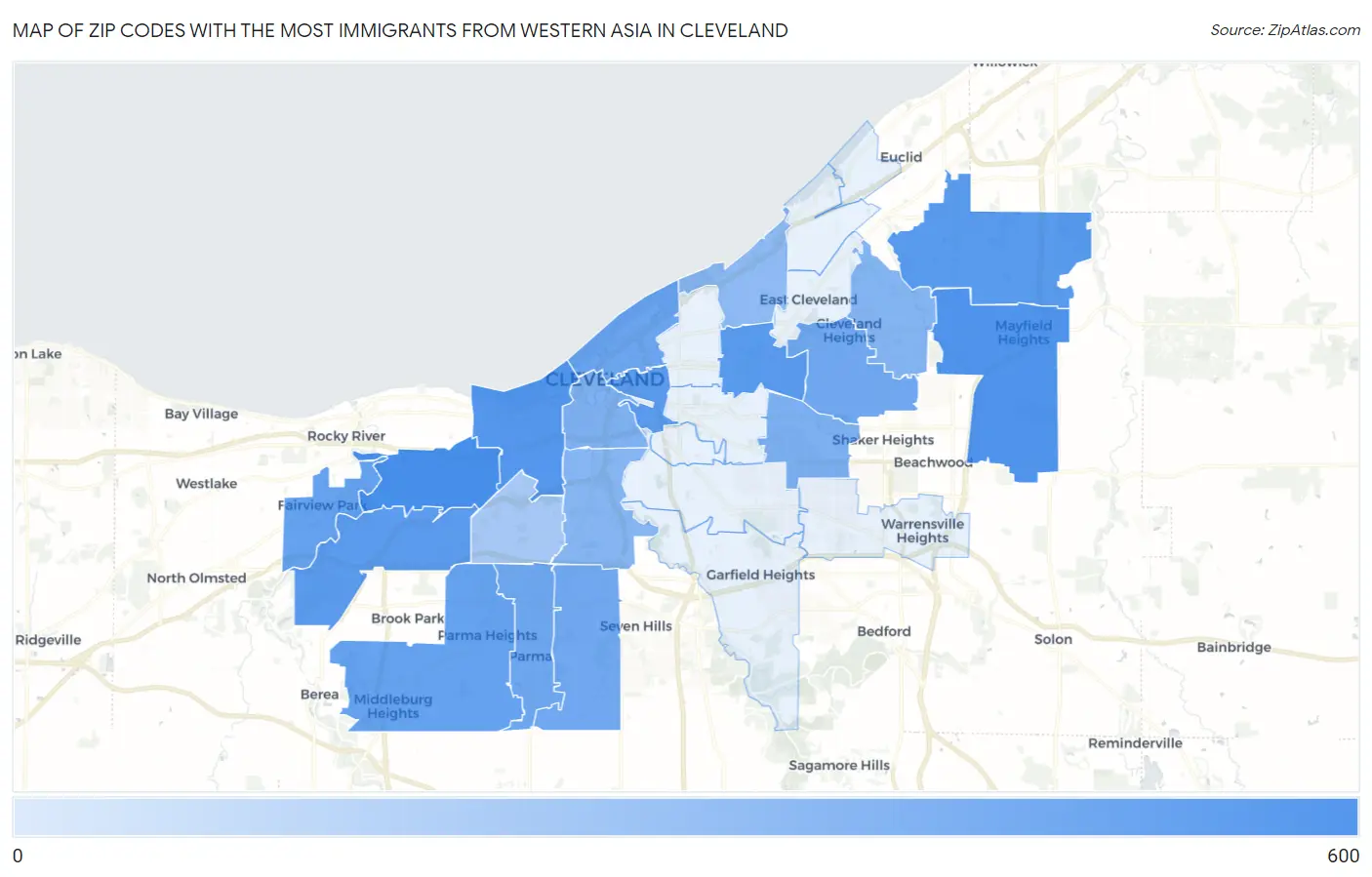 Zip Codes with the Most Immigrants from Western Asia in Cleveland Map