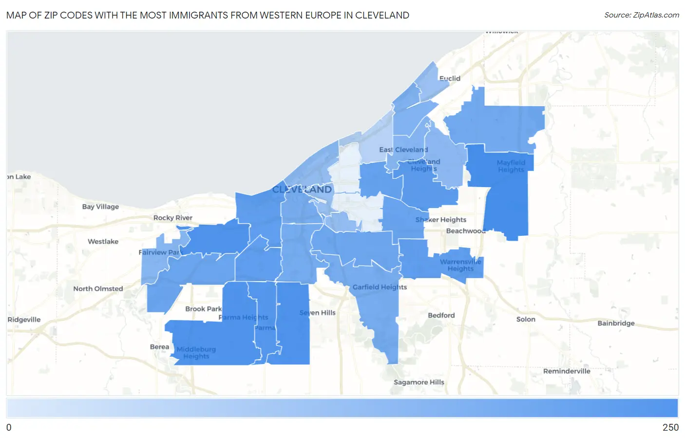 Zip Codes with the Most Immigrants from Western Europe in Cleveland Map