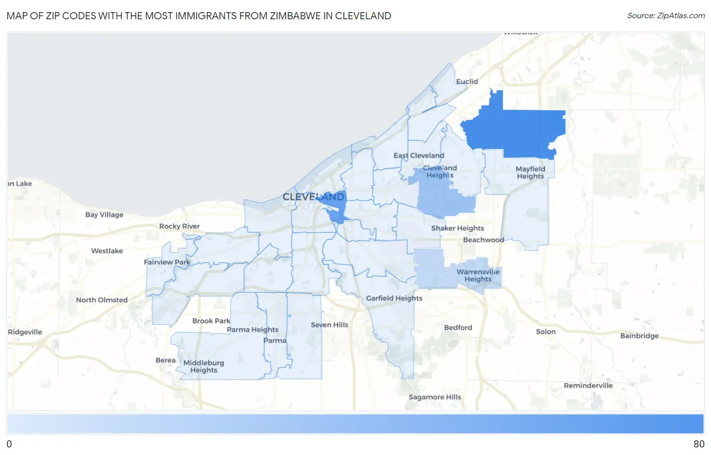 Zip Codes with the Most Immigrants from Zimbabwe in Cleveland Map