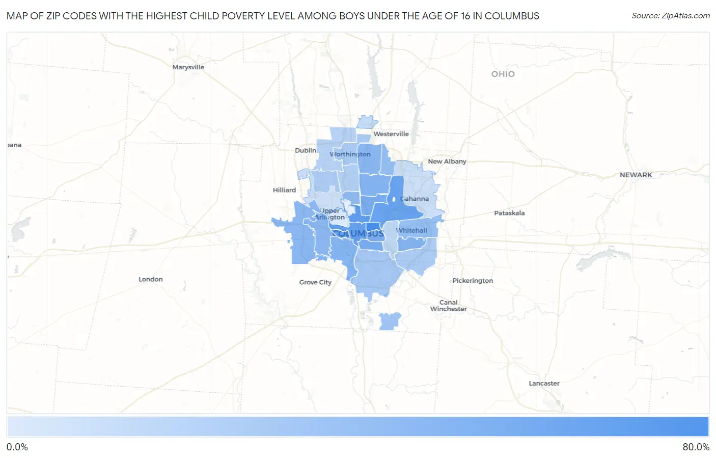 Zip Codes with the Highest Child Poverty Level Among Boys Under the Age of 16 in Columbus Map