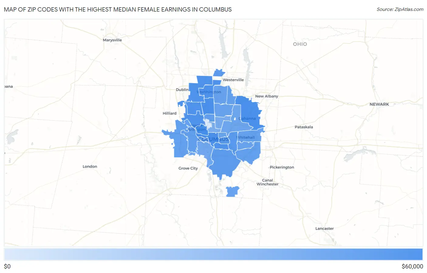 Zip Codes with the Highest Median Female Earnings in Columbus Map