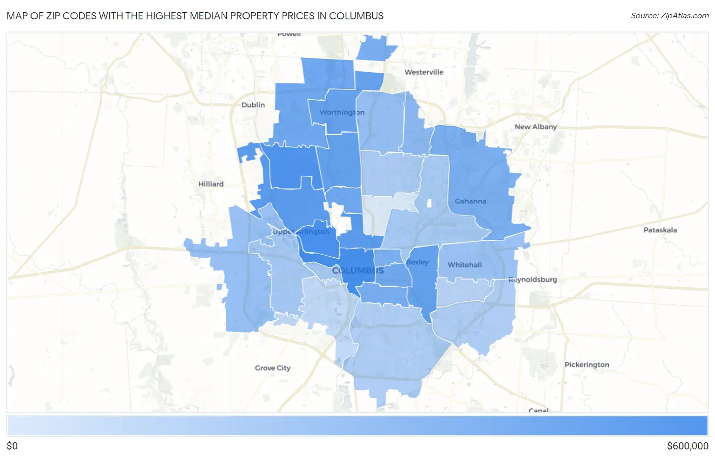 Zip Codes with the Highest Median Property Prices in Columbus Map