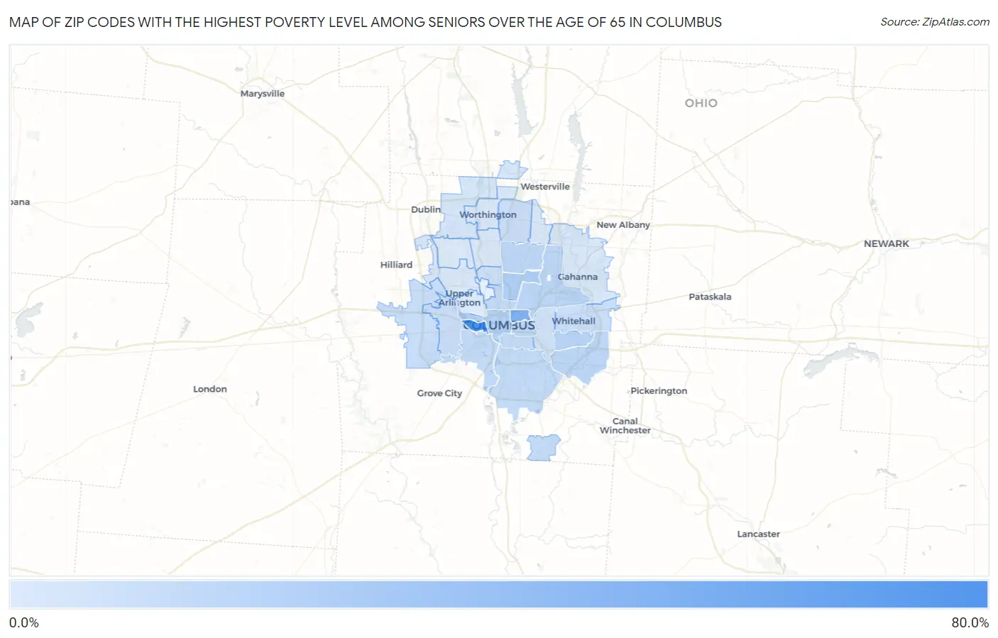 Zip Codes with the Highest Poverty Level Among Seniors Over the Age of 65 in Columbus Map