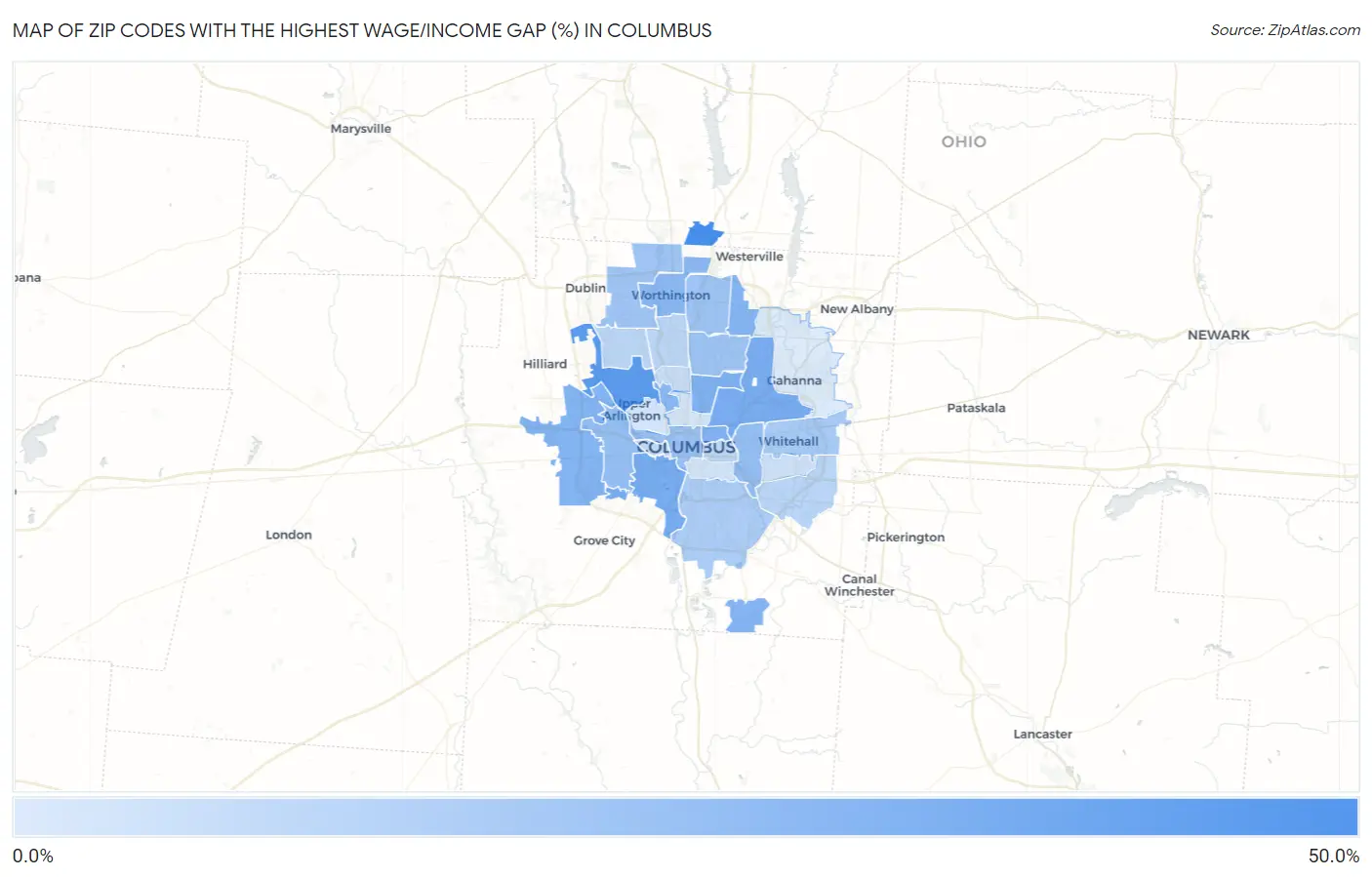 Zip Codes with the Highest Wage/Income Gap (%) in Columbus Map