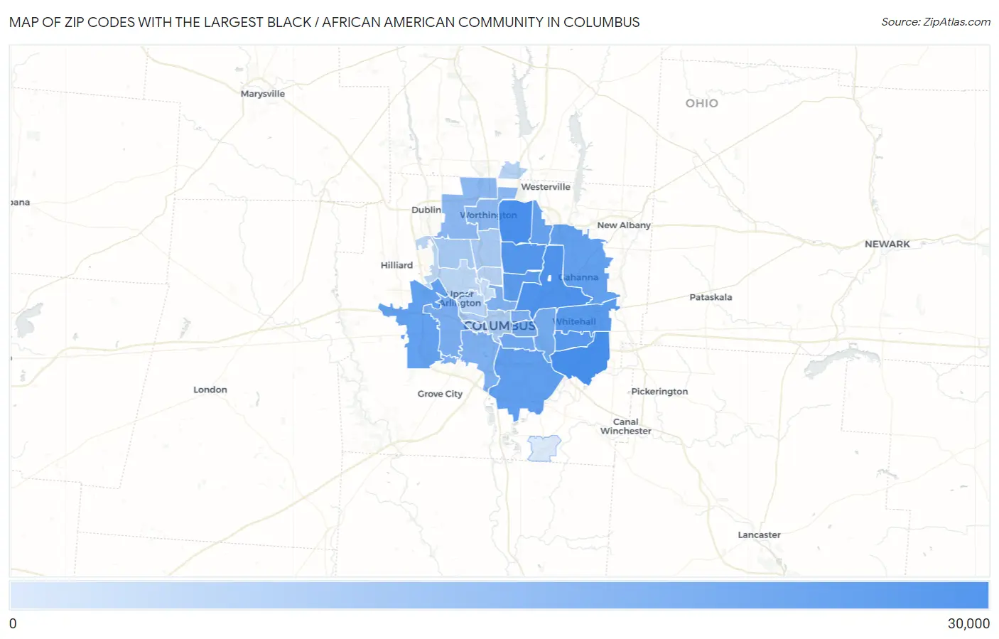 Zip Codes with the Largest Black / African American Community in Columbus Map