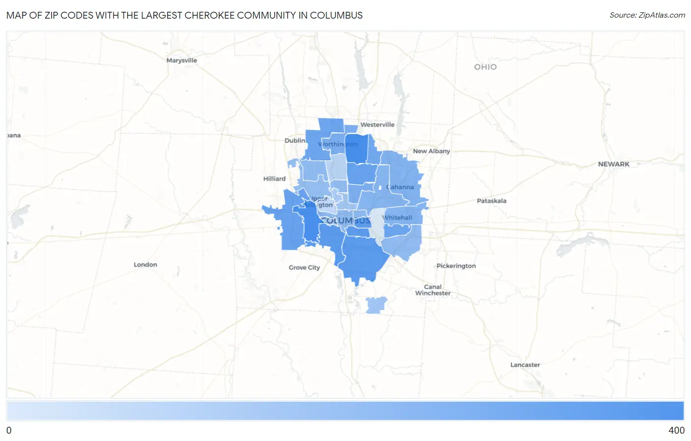 Zip Codes with the Largest Cherokee Community in Columbus Map