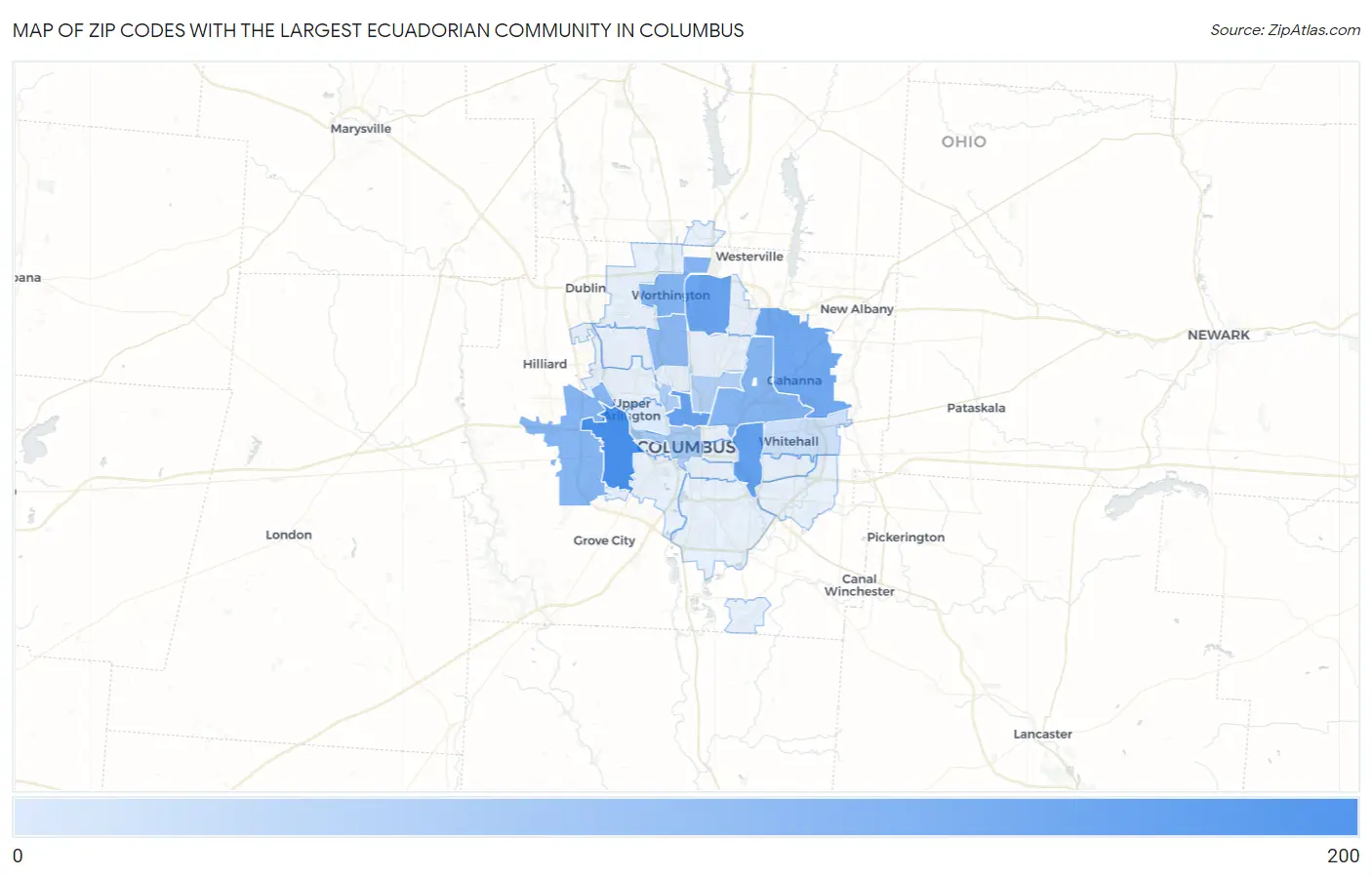 Zip Codes with the Largest Ecuadorian Community in Columbus Map