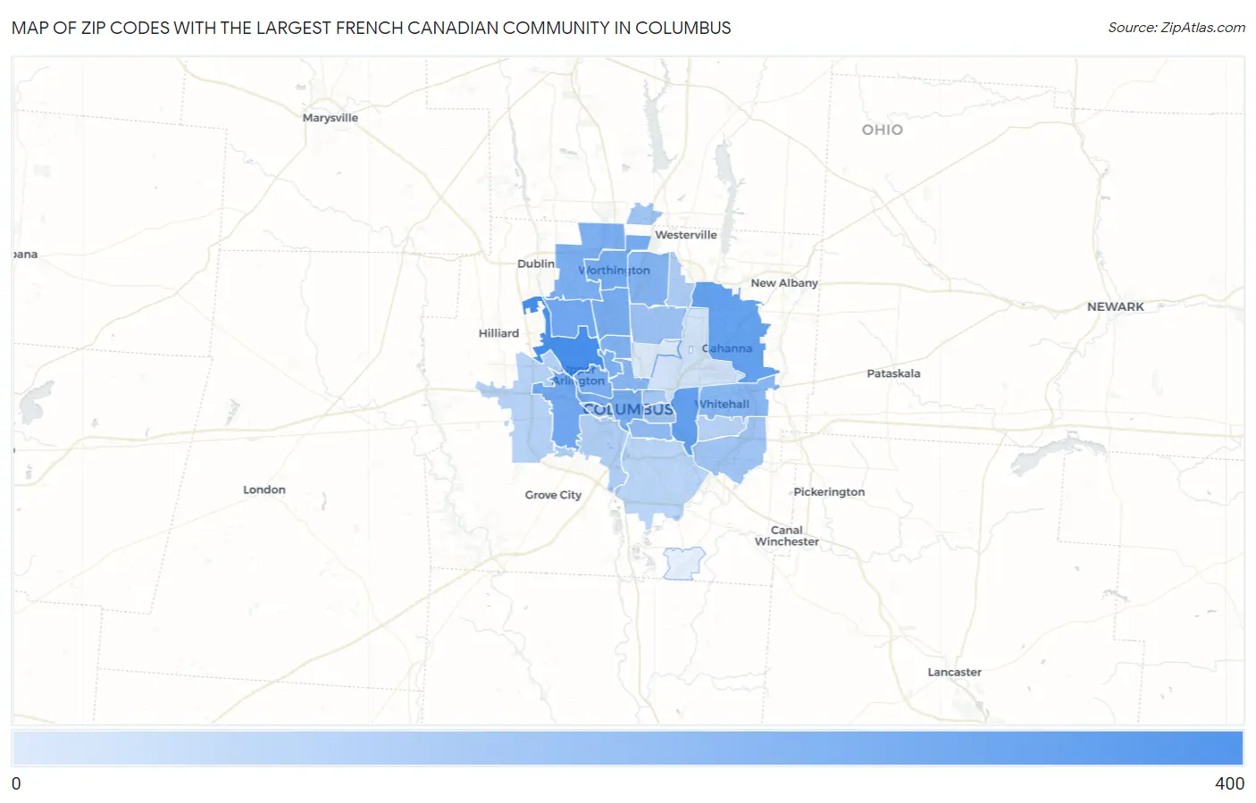 Zip Codes with the Largest French Canadian Community in Columbus Map