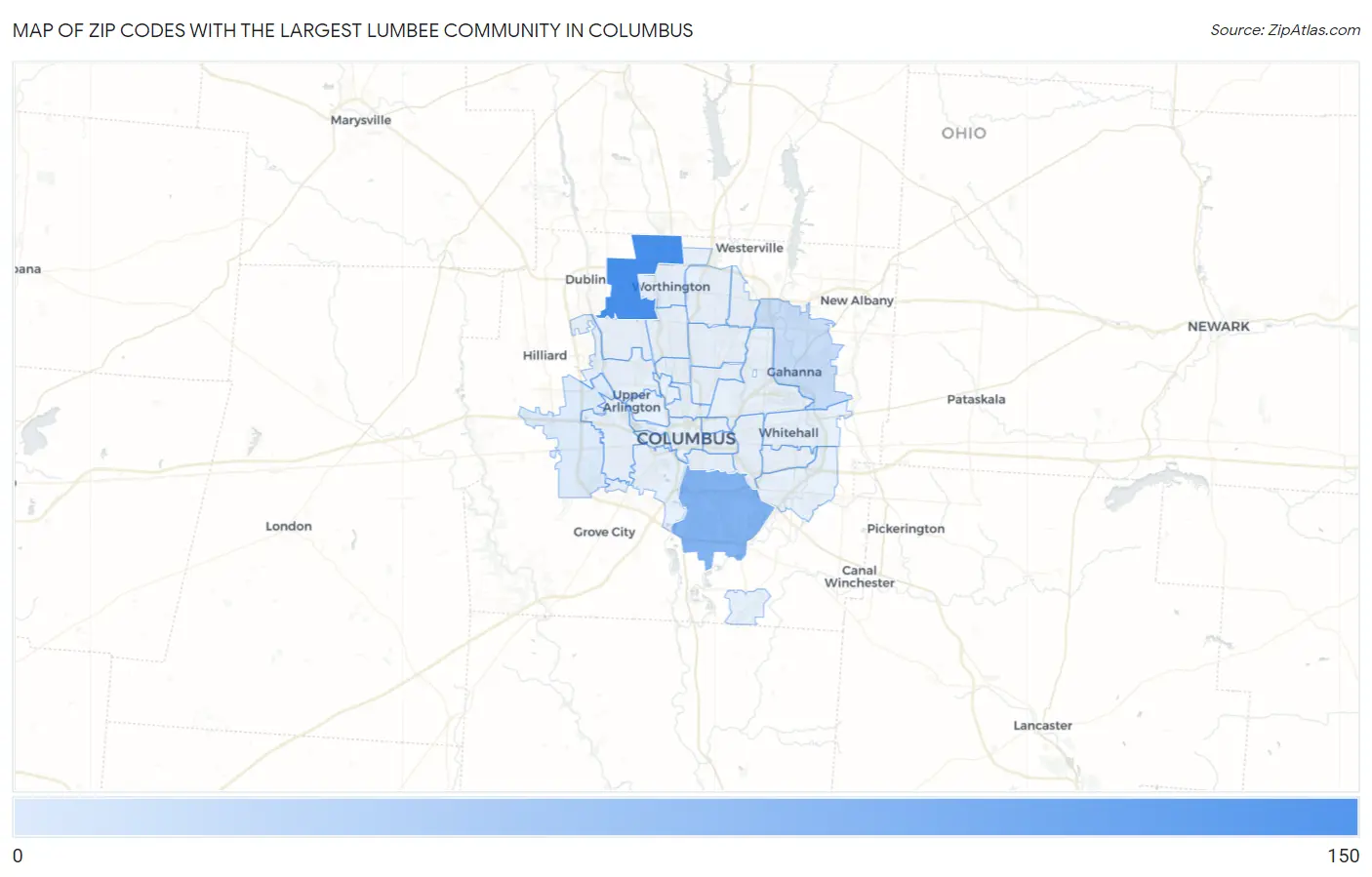 Zip Codes with the Largest Lumbee Community in Columbus Map