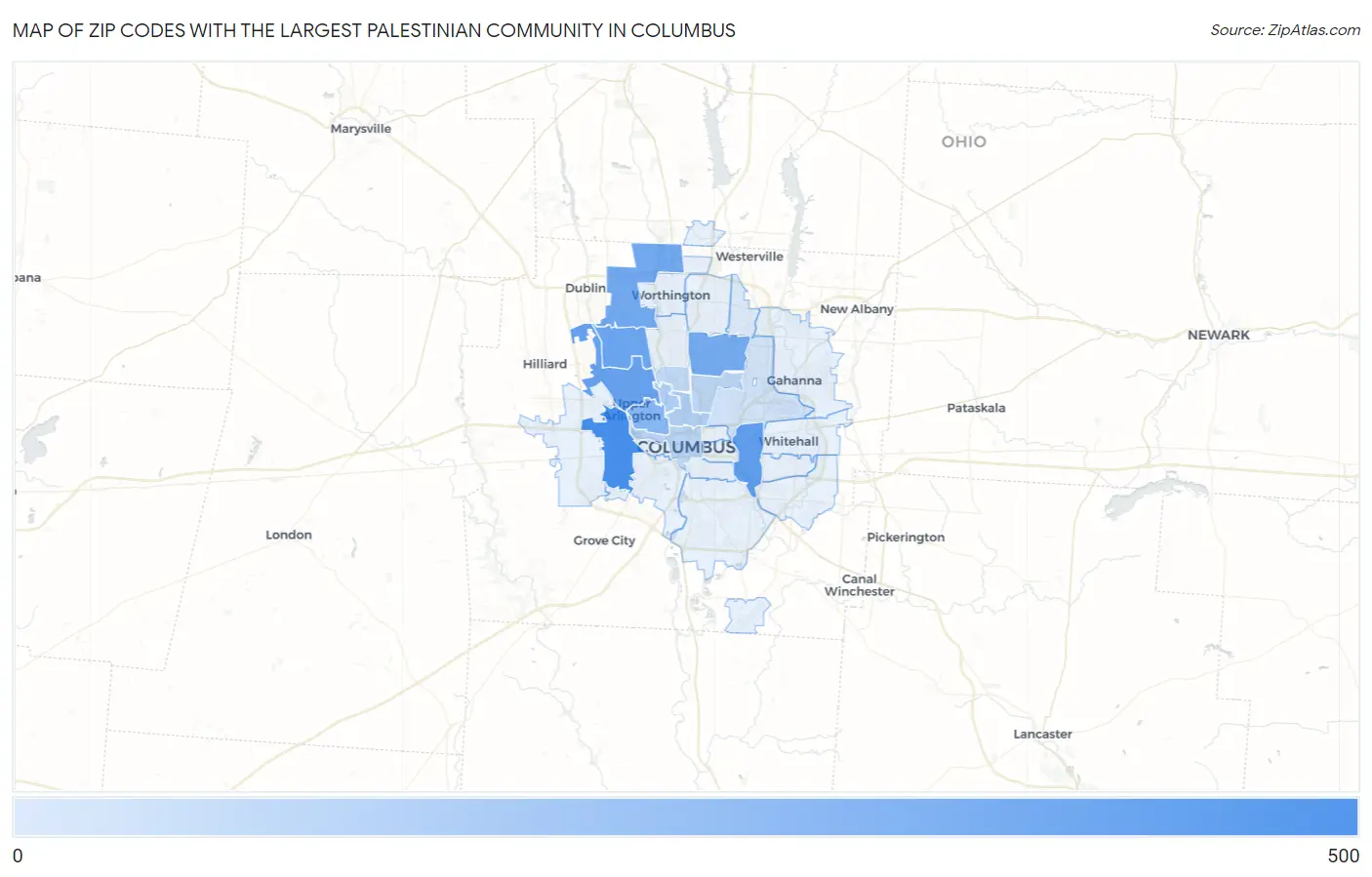 Zip Codes with the Largest Palestinian Community in Columbus Map