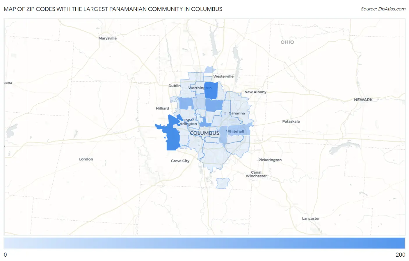Zip Codes with the Largest Panamanian Community in Columbus Map