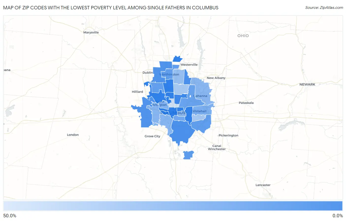 Zip Codes with the Lowest Poverty Level Among Single Fathers in Columbus Map