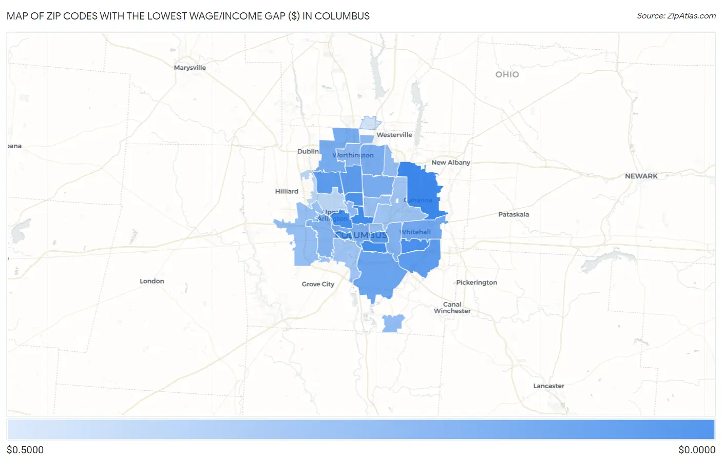 Zip Codes with the Lowest Wage/Income Gap ($) in Columbus Map